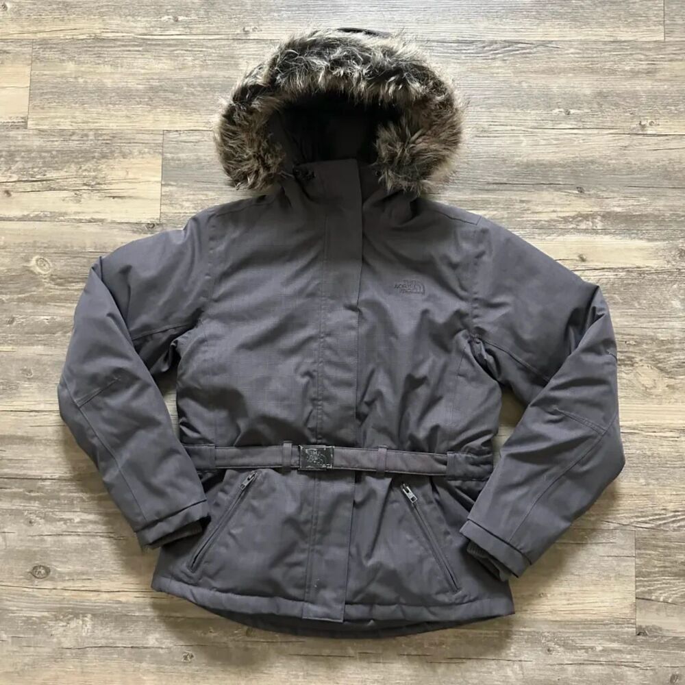 TNF The North Face Grey Fur Hooded Goose Down Belted Jacket Size Medium